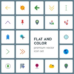 Fototapeta premium Modern Simple Set of location, arrows, cursors, bookmarks Vector flat Icons. Contains such Icons as earth, down, goal, arrow, tag, hand and more on grey background. Fully Editable. Pixel Perfect
