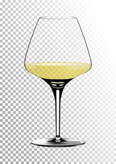 Transparent realistic vector wineglass full of white wine with bright saturated straw colored amber. Illustration in photorealistic style.