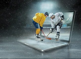 Caucassian ice hockey Players in dynamic action 