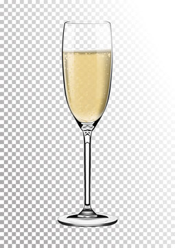 Realistic Glossy Transparent Glass full of Champagne. Bright saturated sparkling straw colored amber. Vector illustration in photorealistic style.