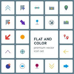 Modern Simple Set of location, arrows, cursors, bookmarks Vector flat Icons. Contains such Icons as add, horizontal,  error,  map,  down,  up and more on grey background. Fully Editable. Pixel Perfect