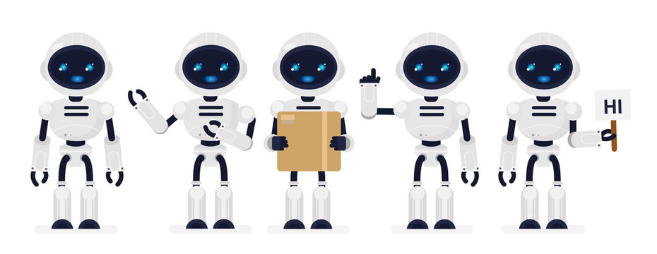 Vector illustration set of cute robots white color in different poses in flat cartoon style.