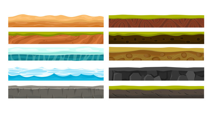 Vector illustration set of grounds for Ui Game. Collection of various land foreground area, rocks, water, ice and underground patterns on white background in flat style.