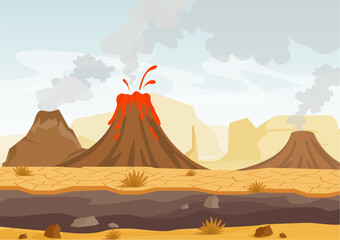 Vector illustration of prehistoric landscape with volcano eruption, lava and smoky sky, landscape with mountains and volcanoes in flat cartoon style.