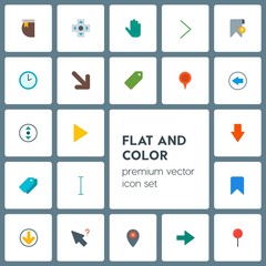 Modern Simple Set of location, arrows, cursors, bookmarks Vector flat Icons. Contains such Icons as right, location,  travel,  location, book and more on grey background. Fully Editable. Pixel Perfect