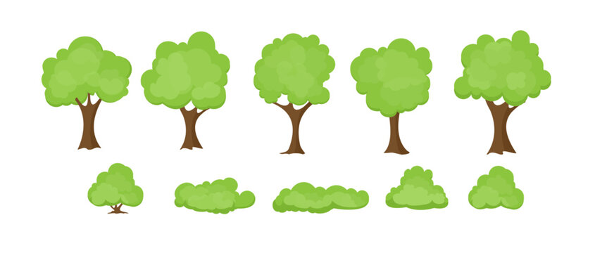 Vector illustration set of abstract stylized trees on white background. Trees and bushes collection in flat cartoon style.
