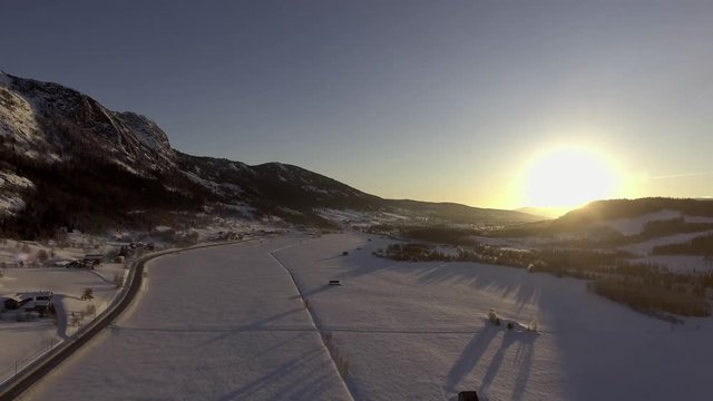 Drone footage in the mountains of Norway in winter times. 4K.