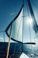 Detailed closeup of sail on sailboat