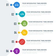 Flat transports, industry, buildings infographic timeline template with 7 options for presentations, advertising, annual reports