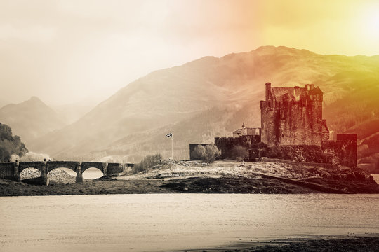 Black And White The Eilean Donan Castle, Highland, Scotland At Sunrise