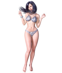 Fototapeta premium 3D beautiful dark haired woman swimsuit bikini. Summer rest. Conceptual fashion art. Seductive candid pose. Realistic render illustration. Isolate