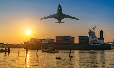 Fototapeta na wymiar Logistics and transportation of Container Cargo ship and Cargo plane