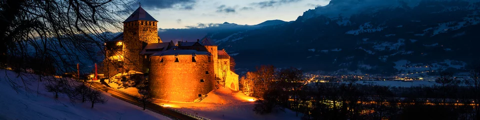 Tuinposter Kasteel Illuminated castle of Vaduz, Liechtenstein at sunset - popular landmark at night