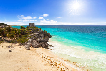 Caribbean beach at the cliff in Tulum, Mexico