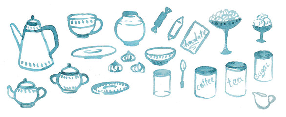 Watercolor blue crockery for coffee set