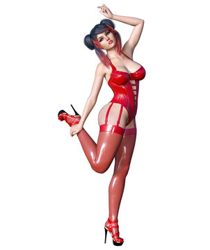 3D Beautiful sexy brunette girl red latex corset stockings.Minimalist extravagant clothes future.Woman studio photography.High heel.Conceptual fashion art.Seductive candid pose.Render illustration

