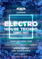 Glitch party poster with blue background and square for electro, house and techno rave club nights - obrazy, fototapety, plakaty