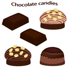 Chocolate bar and chocolate candies isolated on white background. Vector illustration.