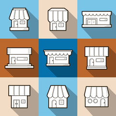 Set of 9 store front icons. Flat design. It can be used as - logo, pictogram, icon, infographic element. Vector illustration for your cute design.