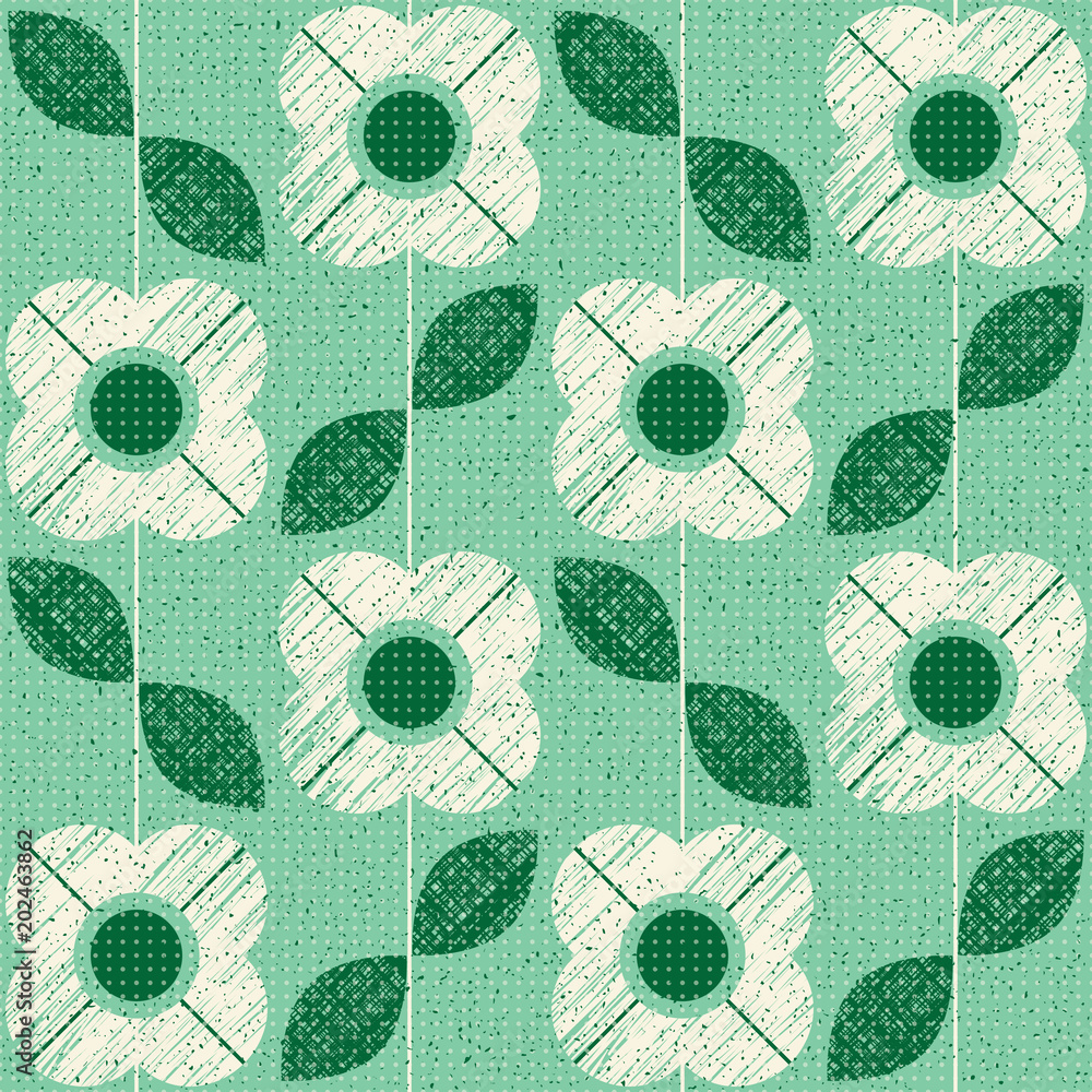 Poster seamless pattern with flowers and leaves in retro scandinavian style