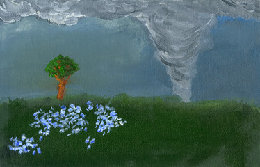 Tornado over a green field
