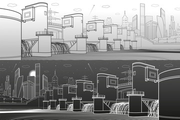Hydro power plant. River Dam. Energy station. City infrastructure industrial illustration panorama. White and black lines on light and dark background. Vector design art