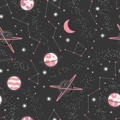 Universe with planets and stars seamless pattern, cosmos starry night sky, vector illustration