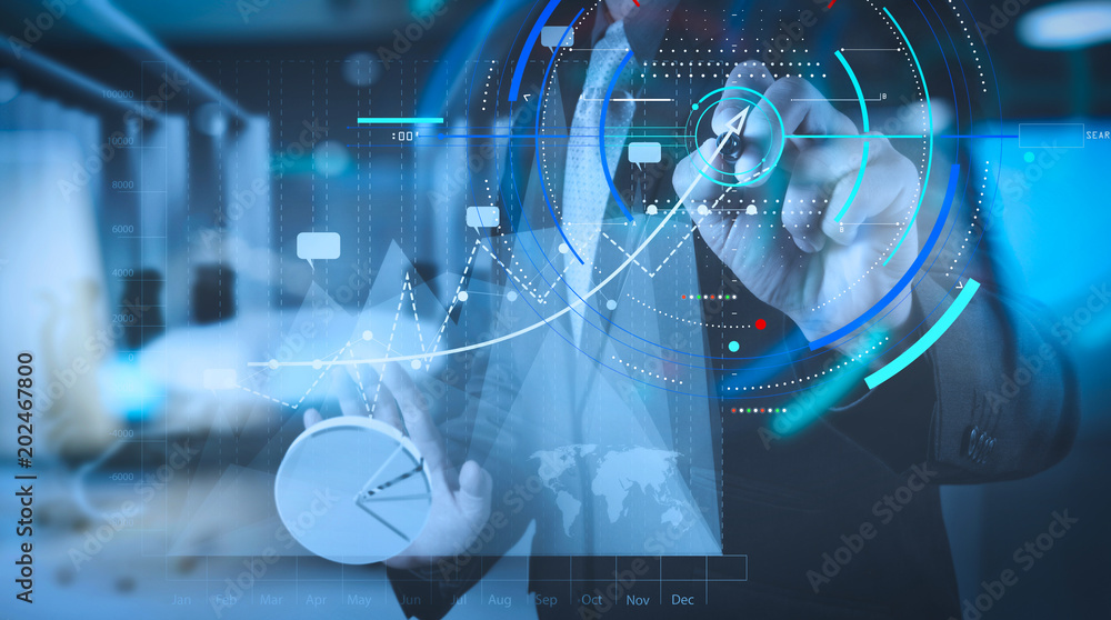 Poster double exposure of businessman hand working with new modern computer and business strategy as concep