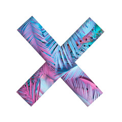 X shape with painted tropical and palm leaves in vibrant bold colors. Concept art. Minimal summer...