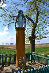 The Virgin Mary old rural roadside shrine in flowers and blue robe
