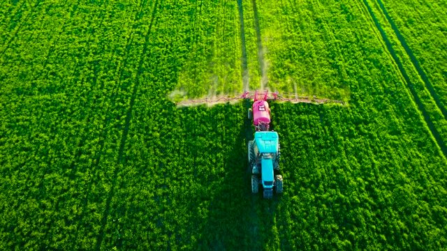 Aerial view of farming tractor plowing and spraying on green spring field