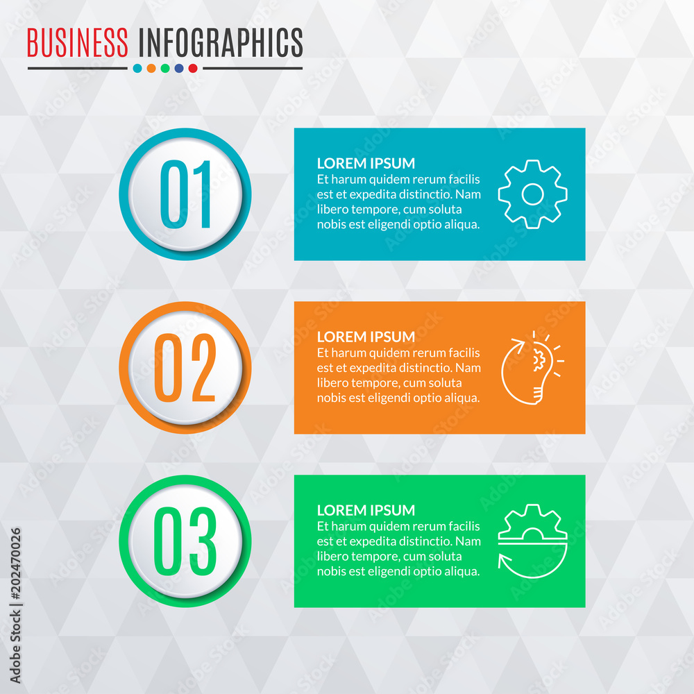 Poster infographics template with round buttons. 3 steps, parts, levels, options or processes. workflow lay