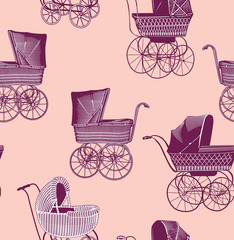 Fototapeta na wymiar vintage baby strollers seamless pattern