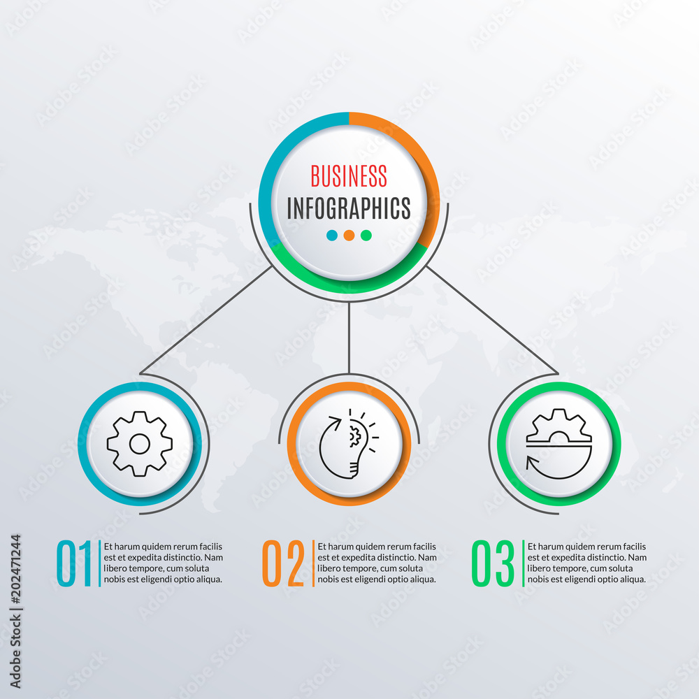 Poster 3 steps infographics with circle elements. 3 options, levels, parts or processes. infographic templa