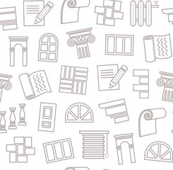 Decoration materials, construction, seamless pattern, outline drawing, white, vector. Finishing of premises and buildings. Plain, flat background. Linear gray pattern on a white field. 