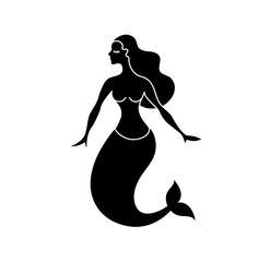 cartoon funny mermaid and sea life. Vector illustration.Mermaid vector black silhouette illustration sea tail design.Mermaid tail outline cute.Summer in scandinavian style © настя иванова