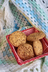 homemade oat cookies with sunflower seeds in and near red checkered basket on white and blue plaid