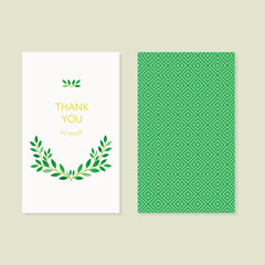 Thank you card design with green leaves and geometric pattern