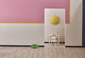 decorative baby room pink and white wall yellow line on the background child room interior.
