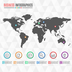 World map infographics template. 6 steps, options, levels, parts, or processes for business presentation. Circle buttons with icons. Vector illustration.