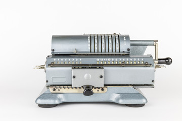 Vintage Russian mechanical machine for mathematical calculations, isolated on white background