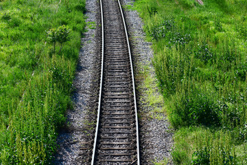 Railroad and green grass. Train rails 