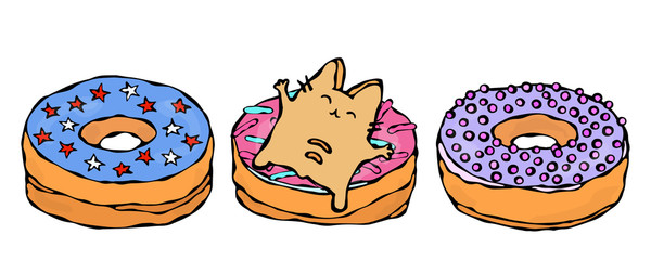 Savoyar the Cat Lying on a Donut. Love Donuts. Cute Cheerful Fun Red or Ginger Kitty with Hands Held High. Adorable Kitten with Hand Up. Cartoon Hand Drawn Illustration. Doodle Style.