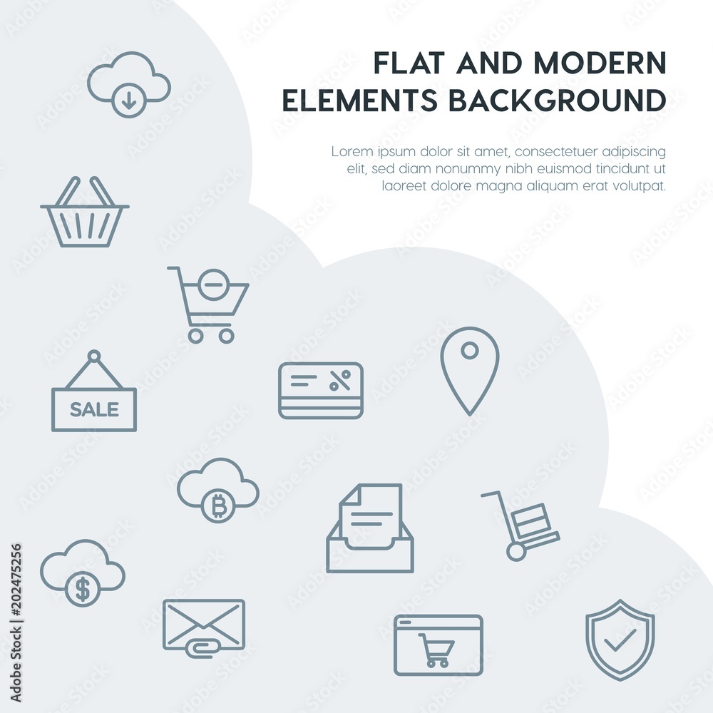 Poster cloud and networking, email, shopping outline vector icons and elements background concept on grey b