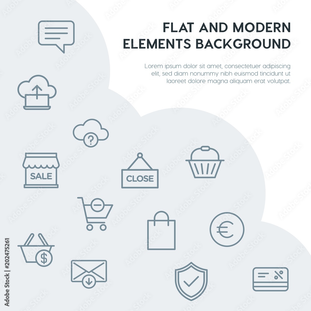 Poster cloud and networking, email, shopping outline vector icons and elements background concept on grey b