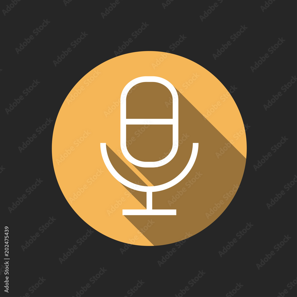 Poster elegant universal white minimalistic thin line microphone icon with shadows on circular color button
