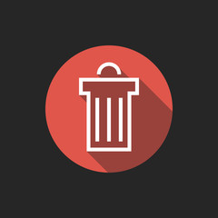 Elegant Universal White Minimalistic Thin Line Bin Icon with Shadows on Circular Color Button on Black Background 