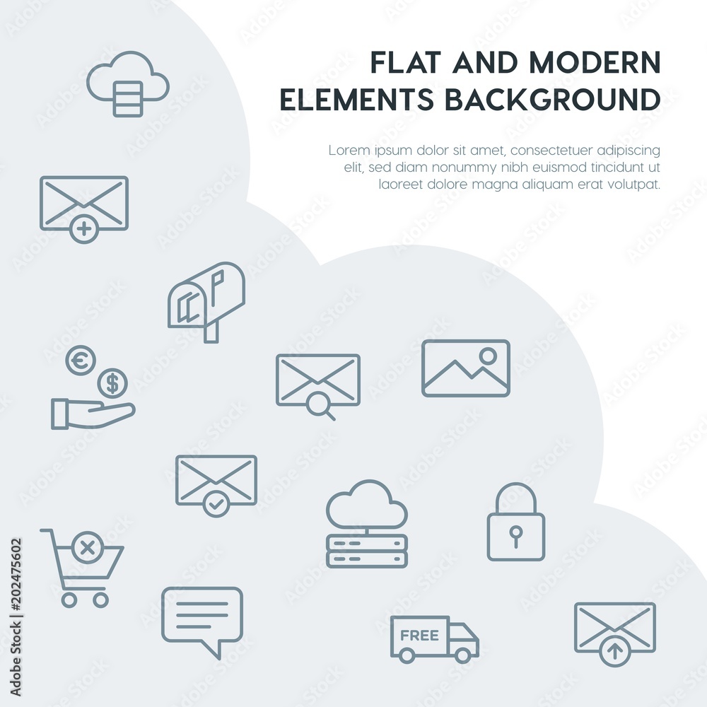Poster cloud and networking, email, shopping outline vector icons and elements background concept on grey b