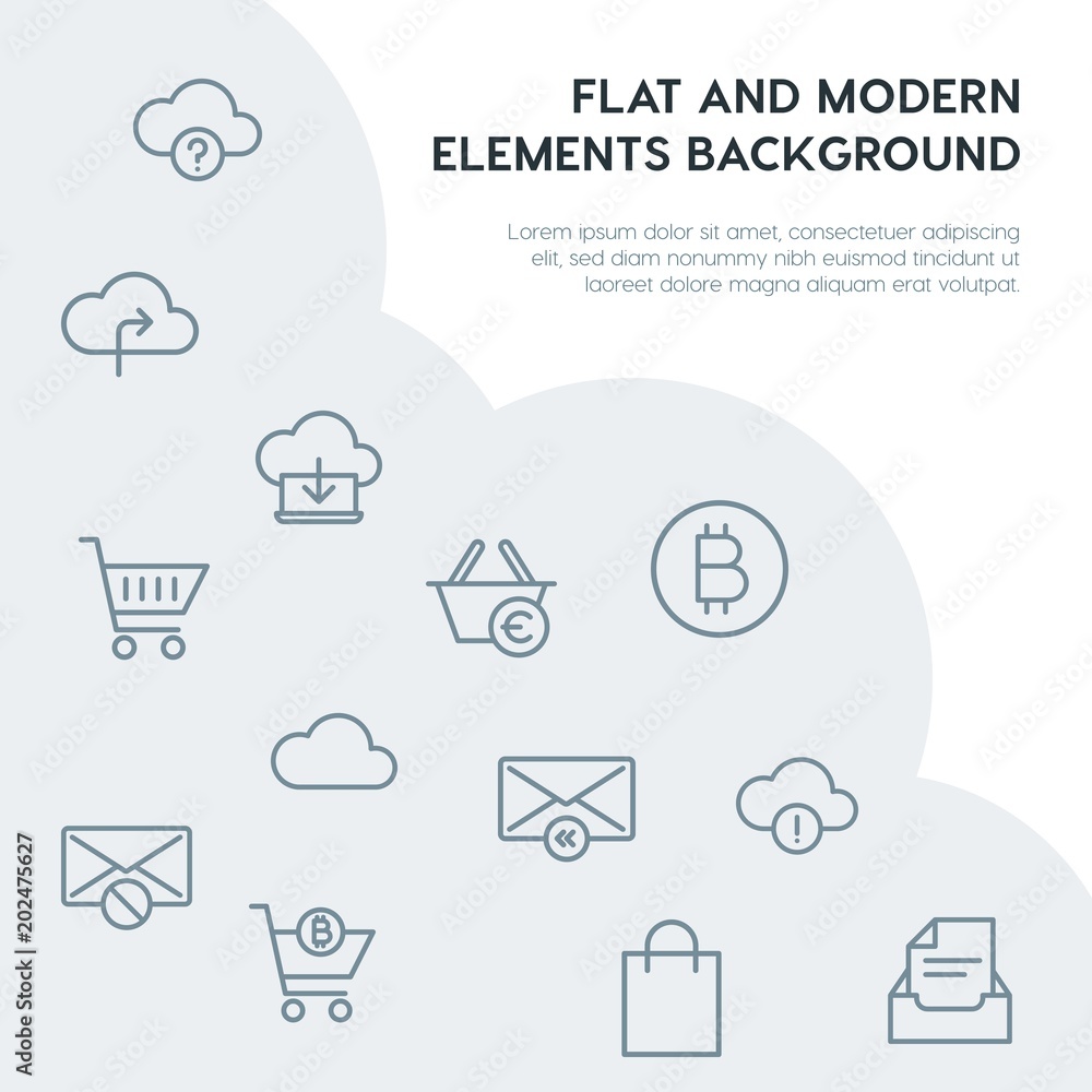 Poster cloud and networking, email, shopping outline vector icons and elements background concept on grey b