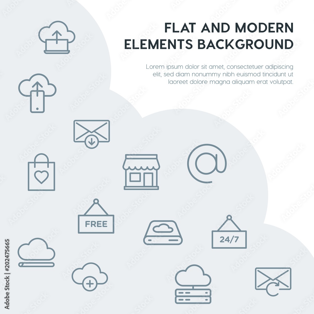Poster cloud and networking, email, shopping outline vector icons and elements background concept on grey b